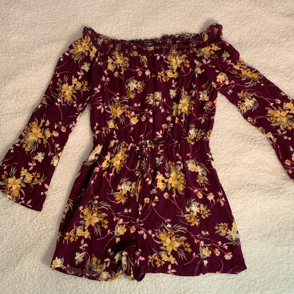 strapless long sleeve floral romper
